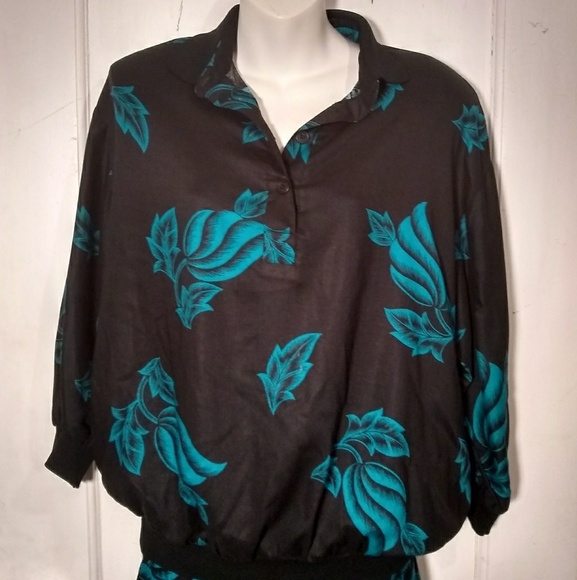 VTG 80s 2Piece Hawaiian Inspo Blouse/Skirt Set SzL - Picture 2 of 6